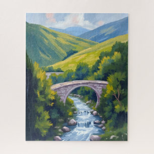 Puzzle Puente del río de montaña Paisaje acuarela verde