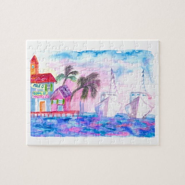 Puzzle Puerto occidental clave y barcos al atardecer (Horizontal)