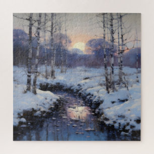 Puzzle Puesta de sol en el bosque invernal