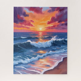 Puzzle Puesta de sol en el océano olas de playa acuarela