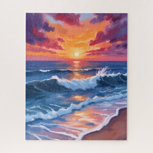 Puzzle Puesta de sol en el océano olas de playa acuarela (Vertical)