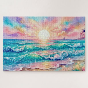 Puzzle Puesta de sol en la playa del océano tropical con