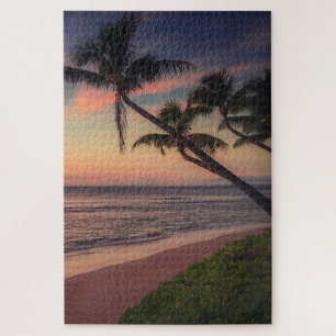 Puzzle Puesta de sol en playa tropical con palmeras
