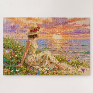 Puzzle Puesta de sol impresionista en la costa Mujer en