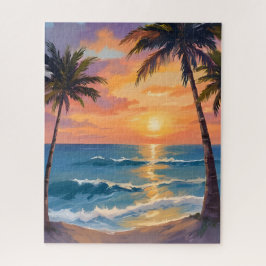 Puzzle Puesta de sol oceánica tropical en acuarela de pal