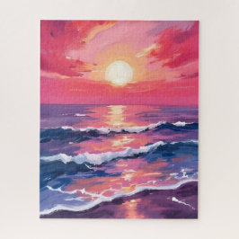 Puzzle Puesta de sol rosa olas de océano púrpura acuarela