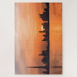 Puzzle Puesta de sol sobre una ciudad costera - acuarela