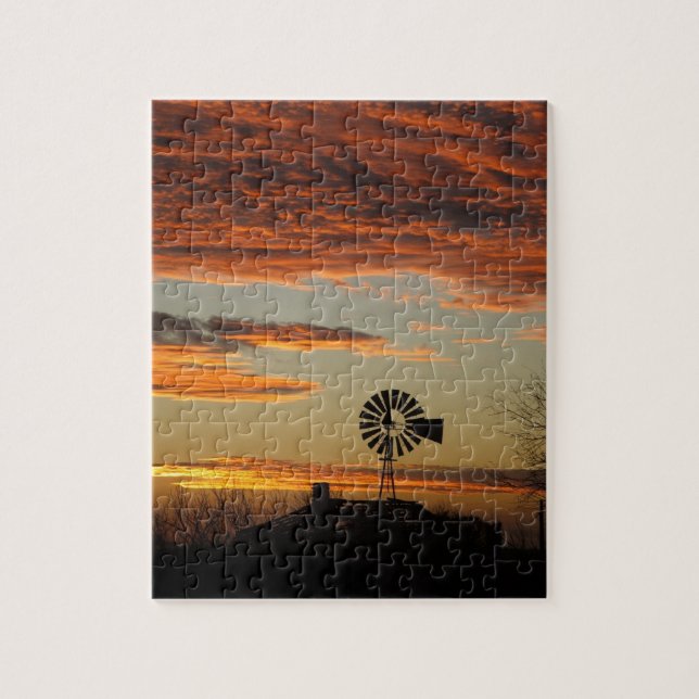 Puzzle Puesta del sol occidental del molino de viento (Vertical)