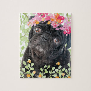 Puzzle Pug adorable con flores acuarelas