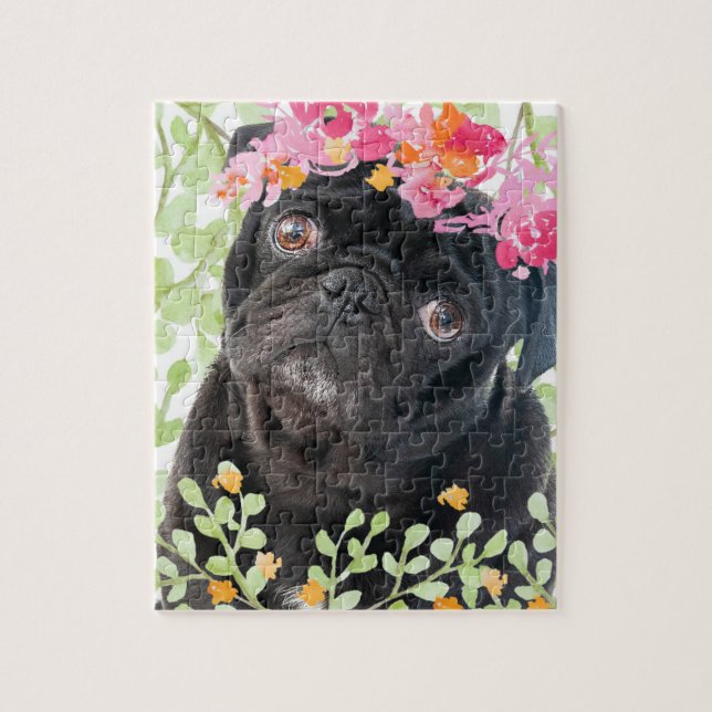Puzzle Pug adorable con flores acuarelas (Vertical)