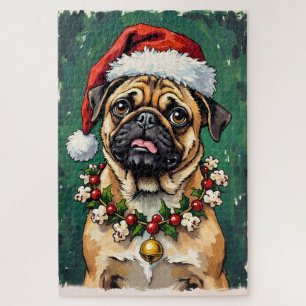 Puzzle Pug comiendo el sombrero de la guirnalda de Navida