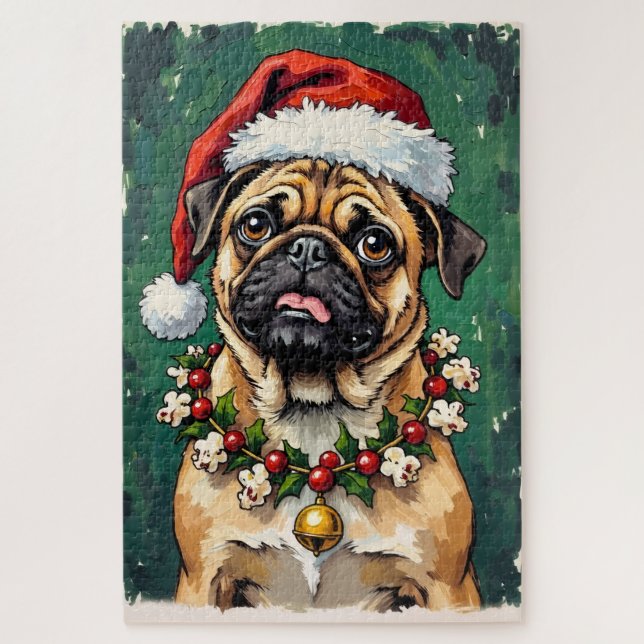 Puzzle Pug comiendo el sombrero de la guirnalda de Navida (Vertical)