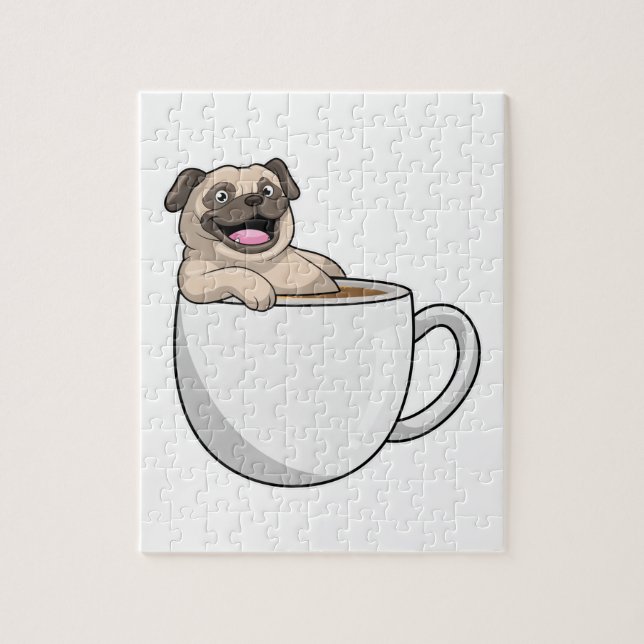 Puzzle Pug con taza de café (Vertical)