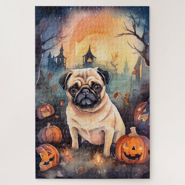 Puzzle Pug de Halloween con calabazas espeluznante (Vertical)