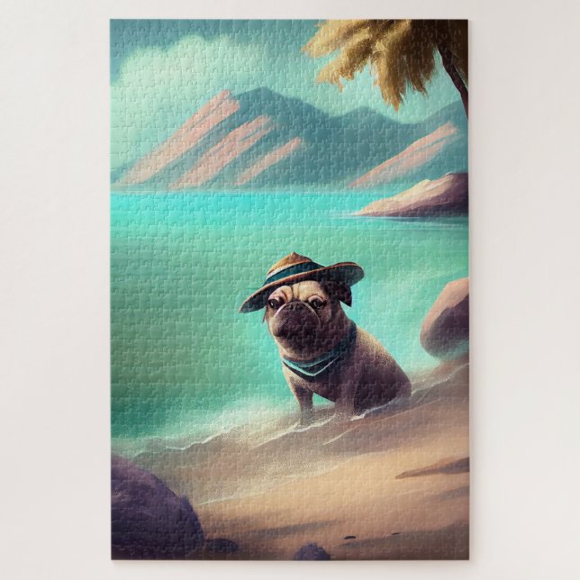 Puzzle Pug disfrutando en la playa pintando arte (Vertical)