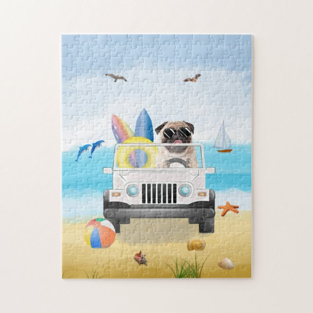 Puzzle pug Dog Driing en la playa (Vertical)