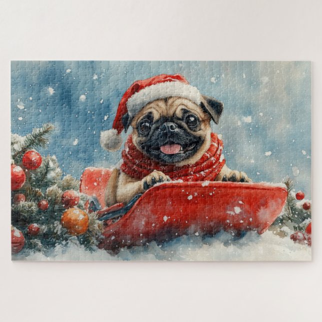 Puzzle Pug Dog en la manga deja que nieve Navidades (Horizontal)