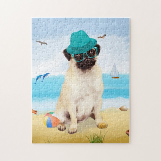 Puzzle Pug Dog en la playa (Vertical)