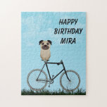 Puzzle Pug Dog Sentado en Bicicleta Vintage Cumpleaños<br><div class="desc">Perro de pug personalizado sentado en un rompecabezas de rompecabezas vintage de bici. Puede personalizar con un nombre o mensaje.</div>