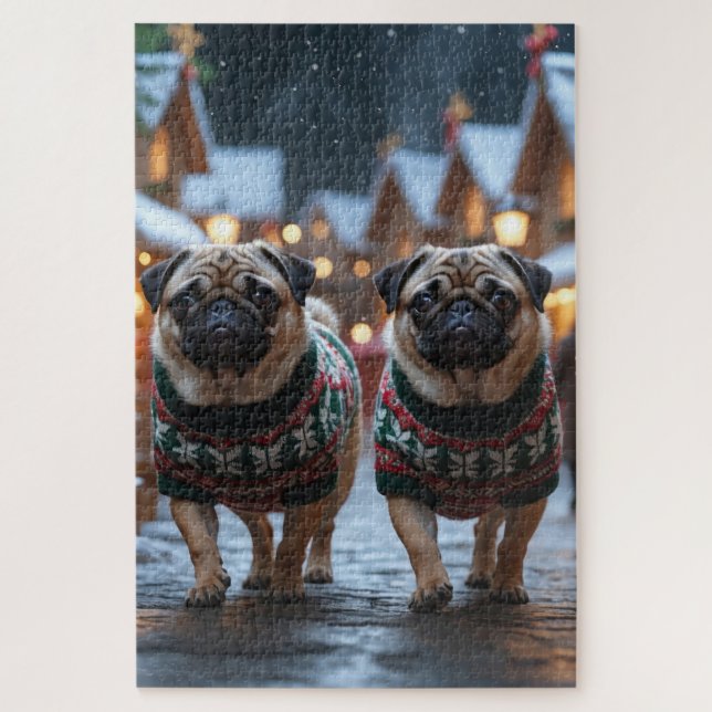 Puzzle Pug Dogs Christmas Snow Holiday (Vertical)