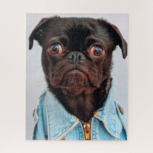 Puzzle Pug en Denim Jackey lindo cachorro de perro adorab (Vertical)
