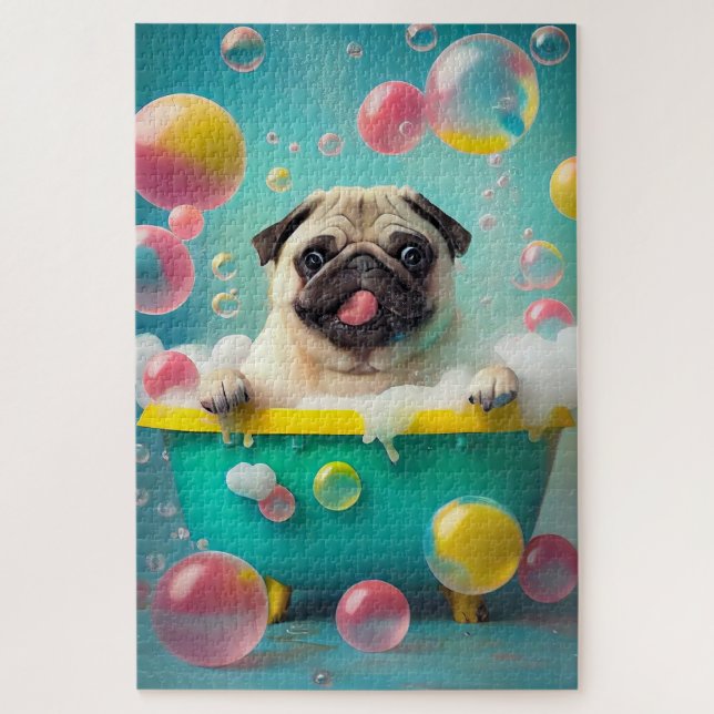 Puzzle Pug en la bañera con burbujas (Vertical)