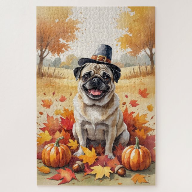 Puzzle Pug En Otoño Deja El Arte De Acción De Gracias (Vertical)