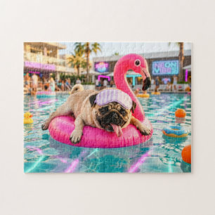 Puzzle Pug Flotando en Flotador de Flamenco Rosa