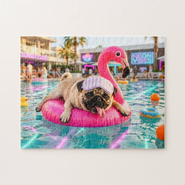 Puzzle Pug Flotando en Flotador de Flamenco Rosa (Horizontal)