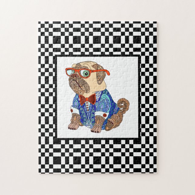 Puzzle Pug hipster en tablero de ajedrez B&Y desafiante (Vertical)