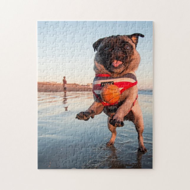 Puzzle Pug jugando a pelota en la playa (Vertical)