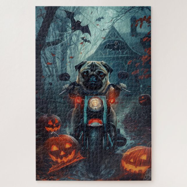 Puzzle Pug montando motocicleta Halloween aterrador (Vertical)
