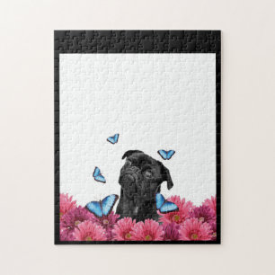 Puzzle Pug Negro Con Mariposas Azules Y Gerberas