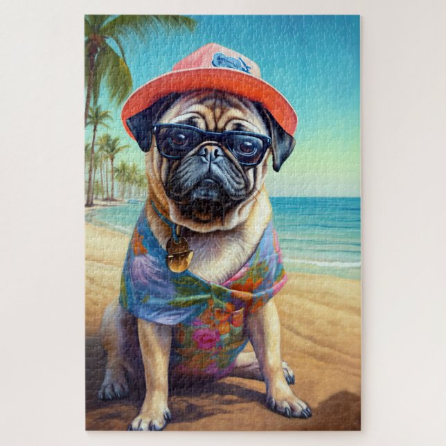 Puzzle Pug on Beach, regalo de verano para el amante del  (Vertical)