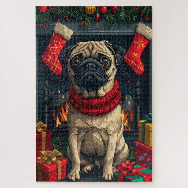 Puzzle Pug Perro Con Regalos De Navidad Chimenea  (Vertical)