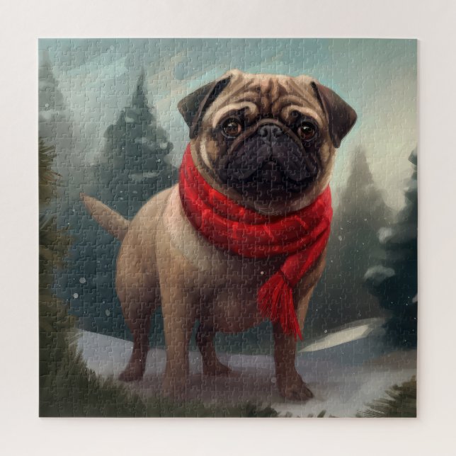 Puzzle Pug Perro en Navidad Nieve (Vertical)