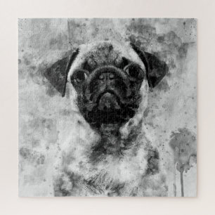 Puzzle Pug Perro Negro y Blanco Acuarela 01