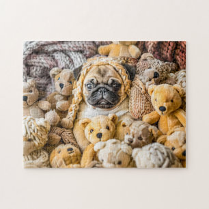 Puzzle Pug Rodeado por Plush Teddy Bears