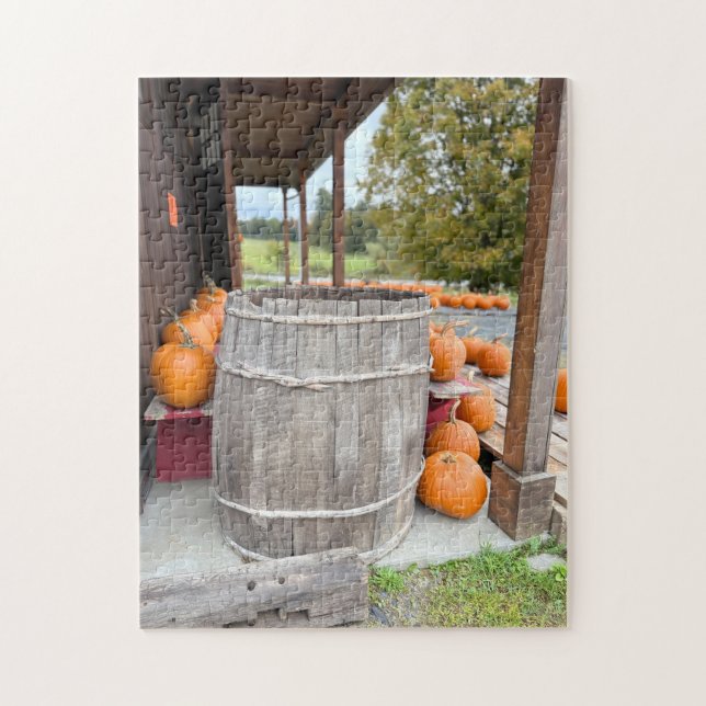 Puzzle Pumpkins and barrel by a farm (Vertical)