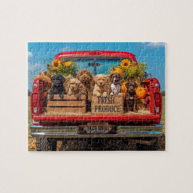 Puzzle Puppies Red Truck Sunflowers Fall Harvest (Horizontal)