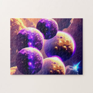 Puzzle Púrpura cósmico varias lunas en universo nublado
