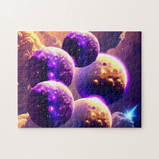 Puzzle Púrpura cósmico varias lunas en universo nublado (Horizontal)