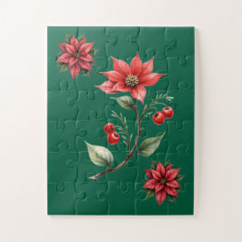 Puzzle Quebra Cabeças Natal verde e Flores Vermelhas