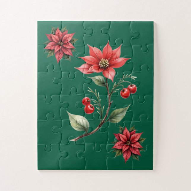 Puzzle Quebra Cabeças Natal verde e Flores Vermelhas (Vertical)