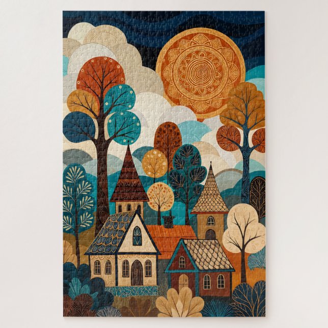 Puzzle Quilted Folk Art Village - Patchwork Sun & Trees L (Vertical)