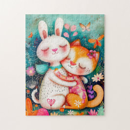 Puzzle Rabbit and Cat Hugging each other with butterflys