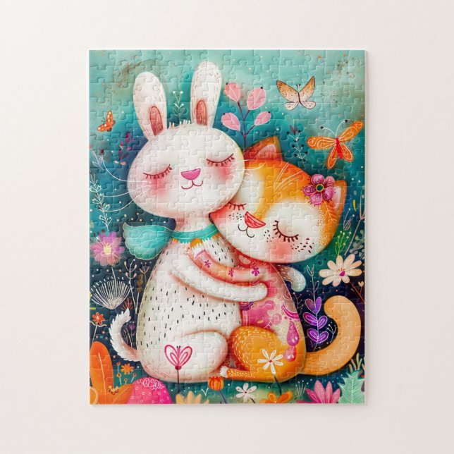 Puzzle Rabbit and Cat Hugging each other with butterflys  (Vertical)