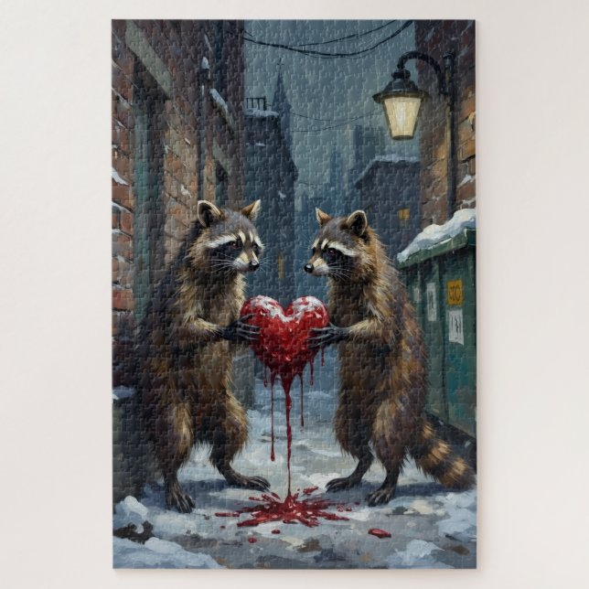 Puzzle Raccoon Bandits Sharing Stolen Velvet Cake (Vertical)