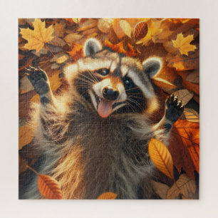 Puzzle Raccoon jugando en las hojas de otoño