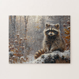 Puzzle Raccoon lindo durante pintura de aceite de inviern